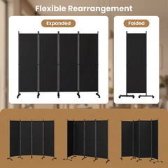 4-Panel Room Divider with Lockable Wheels for Living Room-Black