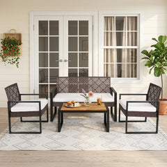 4 Piece Diamond Weave Wicker Patio Set with Acacia Coffee Table, Brown and Black