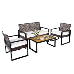 4 Piece Diamond Weave Wicker Patio Set with Acacia Coffee Table, Brown and Black