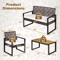 4 Piece Diamond Weave Wicker Patio Set with Acacia Coffee Table, Brown and Black