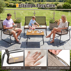 4 Piece Patio Set with Open Mesh Rattan Seating, 105 Degree Angled Backs and 31 in Solid Acacia Coffee Table, Mix Brown