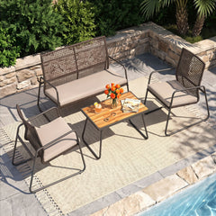 4 Piece Patio Set with Open Mesh Rattan Seating, 105 Degree Angled Backs and 31 in Solid Acacia Coffee Table, Mix Brown