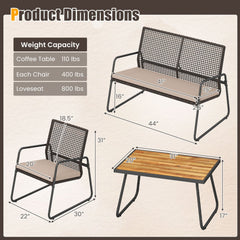 4 Piece Patio Set with Open Mesh Rattan Seating, 105 Degree Angled Backs and 31 in Solid Acacia Coffee Table, Mix Brown