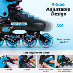 4-Size Adjustable Light-Up Inline Skates for Toddlers Ages 5-7-Black