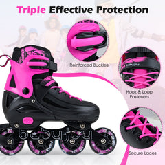 4-Size Adjustable Light-Up Inline Skates for Toddlers Ages 5-7-Pink