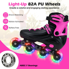 4-Size Adjustable Light-Up Kids Inline Skates for Kids Ages 9-14-Pink