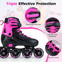 4-Size Adjustable Light-Up Kids Inline Skates for Kids Ages 9-14-Pink