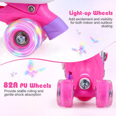 4 Sizes Adjustable Kids Roller Skates for Toddlers Ages 9-14 with 4 Light-up Wheels-Pink