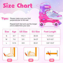 4 Sizes Adjustable Kids Roller Skates for Toddlers Ages 9-14 with 4 Light-up Wheels-Pink