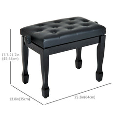 25" Adjustable Height Piano Bench with Padded Cushion, Keyboard Seat with Solid Wood Legs, Black