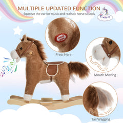 Kids Rocking Horse Plush Animal on Wooden Rockers with Sounds, Wooden Base, Baby Rocking Chair, Brown