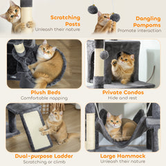 76" Large Cat Tree for Indoor Cats with 8 Scratching Posts, 3 Plush Beds, 2 Hammocks, 2 Large Condos, Ramp, Dark Grey
