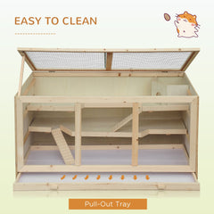 Wooden Hamster Cage Rat Cage with Slide, Tray, Natural Wood