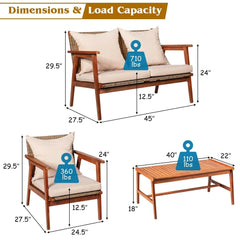 4 Piece Acacia Wood and Rattan Patio Furniture Set, 45 in Loveseat, 2 Chairs and 40 in Slatted Coffee Table, Beige Cushions
