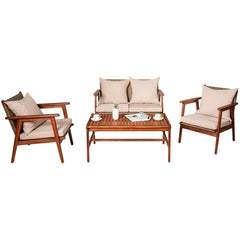 4 Piece Acacia Wood and Rattan Patio Furniture Set, 45 in Loveseat, 2 Chairs and 40 in Slatted Coffee Table, Beige Cushions