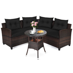 4 Piece Curved Patio Rattan Conversation Set, 2 Armchairs, Curved Sofa and Round Glass Table, Black Cushions