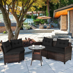 4 Piece Curved Patio Rattan Conversation Set, 2 Armchairs, Curved Sofa and Round Glass Table, Black Cushions