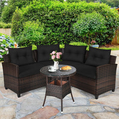 4 Piece Curved Patio Rattan Conversation Set, 2 Armchairs, Curved Sofa and Round Glass Table, Black Cushions
