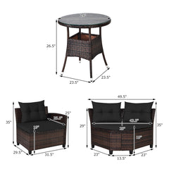 4 Piece Curved Patio Rattan Conversation Set, 2 Armchairs, Curved Sofa and Round Glass Table, Black Cushions