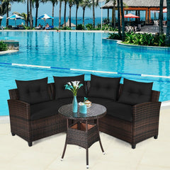 4 Piece Curved Patio Rattan Conversation Set, 2 Armchairs, Curved Sofa and Round Glass Table, Black Cushions