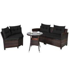 4 Piece Curved Patio Rattan Conversation Set, 2 Armchairs, Curved Sofa and Round Glass Table, Black Cushions