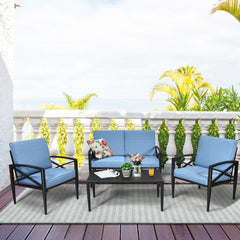 4 Piece Aluminum Patio Conversation Set with Cushioned Sofas and Coffee Table, Blue