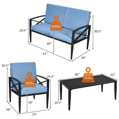 4 Piece Aluminum Patio Conversation Set with Cushioned Sofas and Coffee Table, Blue