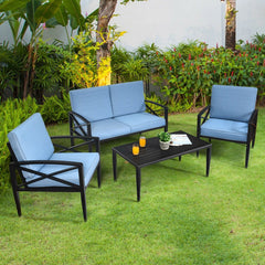 4 Piece Aluminum Patio Conversation Set with Cushioned Sofas and Coffee Table, Blue
