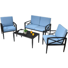 4 Piece Aluminum Patio Conversation Set with Cushioned Sofas and Coffee Table, Blue