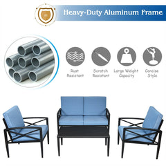 4 Piece Aluminum Patio Conversation Set with Cushioned Sofas and Coffee Table, Blue