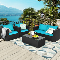 4 Piece Deep Seat Rattan Patio Conversation Set with Glass Coffee Table, Turquoise
