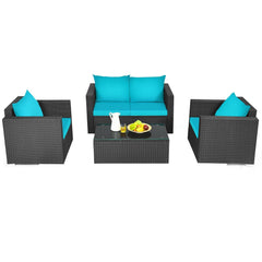 4 Piece Deep Seat Rattan Patio Conversation Set with Glass Coffee Table, Turquoise
