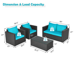 4 Piece Deep Seat Rattan Patio Conversation Set with Glass Coffee Table, Turquoise