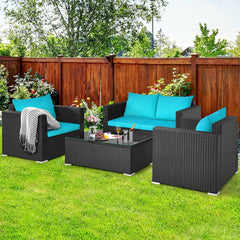 4 Piece Deep Seat Rattan Patio Conversation Set with Glass Coffee Table, Turquoise