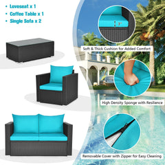 4 Piece Deep Seat Rattan Patio Conversation Set with Glass Coffee Table, Turquoise
