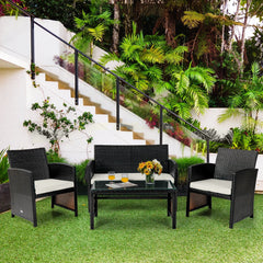 4 Piece Patio Rattan Cushioned Furniture Set with Loveseat, 2 Armchairs and Tempered Glass Coffee Table, Black Weave and Cream Cushions