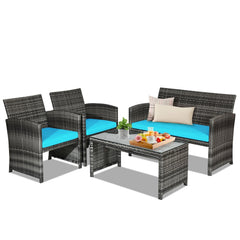 4 Piece Patio Rattan Furniture Set with Loveseat, 2 Chairs and Tempered Glass Coffee Table, Mix Grey Weave, Turquoise Cushions
