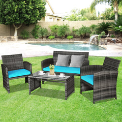 4 Piece Patio Rattan Furniture Set with Loveseat, 2 Chairs and Tempered Glass Coffee Table, Mix Grey Weave, Turquoise Cushions