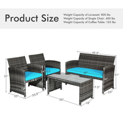 4 Piece Patio Rattan Furniture Set with Loveseat, 2 Chairs and Tempered Glass Coffee Table, Mix Grey Weave, Turquoise Cushions