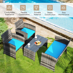 4 Piece Patio Rattan Furniture Set with Loveseat, 2 Chairs and Tempered Glass Coffee Table, Mix Grey Weave, Turquoise Cushions