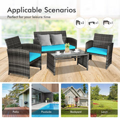 4 Piece Patio Rattan Furniture Set with Loveseat, 2 Chairs and Tempered Glass Coffee Table, Mix Grey Weave, Turquoise Cushions