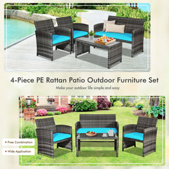 4 Piece Patio Rattan Furniture Set with Loveseat, 2 Chairs and Tempered Glass Coffee Table, Mix Grey Weave, Turquoise Cushions