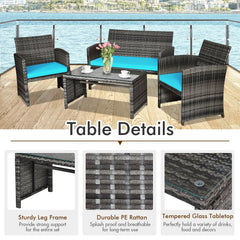 4 Piece Patio Rattan Furniture Set with Loveseat, 2 Chairs and Tempered Glass Coffee Table, Mix Grey Weave, Turquoise Cushions