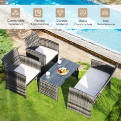 4 Piece Patio Rattan Furniture Set with Loveseat, 2 Chairs and Tempered Glass Coffee Table, Mix Grey Weave, Cream Cushions