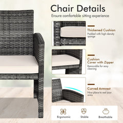 4 Piece Patio Rattan Furniture Set with Loveseat, 2 Chairs and Tempered Glass Coffee Table, Mix Grey Weave, Cream Cushions