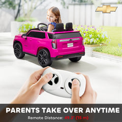 Licensed Chevrolet Tahoe Kids Ride on Car, 12V 7AH Toddler Electric Car with Parent Remote Control, 3 Speeds, Spring Suspension, LED Light, Horn, Music, Pink