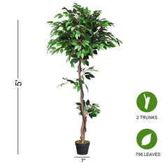 5.5 Foot Artificial Ficus Tree with Real Wood Trunks, 756 Leaf Silk Ficus