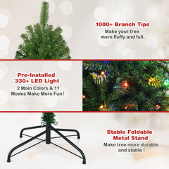 6 FT Pre-Lit Artificial Christmas Tree, Hinged, Over 1000 Tips and 330 LEDs with 11 Modes