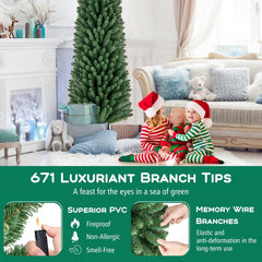 8 FT Unlit Pencil Christmas Tree with 671 Memory Wire Branch Tips and Upgraded Metal Stand