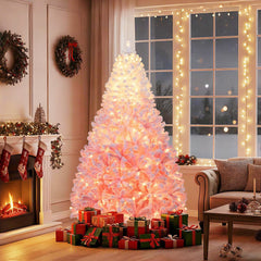 7 FT Pink Gradient Snow Flocked Pre-Lit Christmas Tree with 1264 Tips and 350 Warm White LEDs
